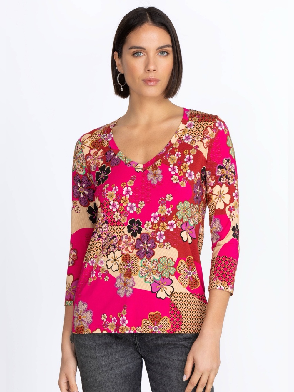 JOHNNY WAS yama favorite 3/4 sleeve v‑neck swing tee in multi Size Small